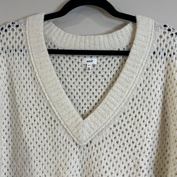 Aerie Open Weave Oversized V-Neck Sweater Cream size Small - Picture 3 of 5